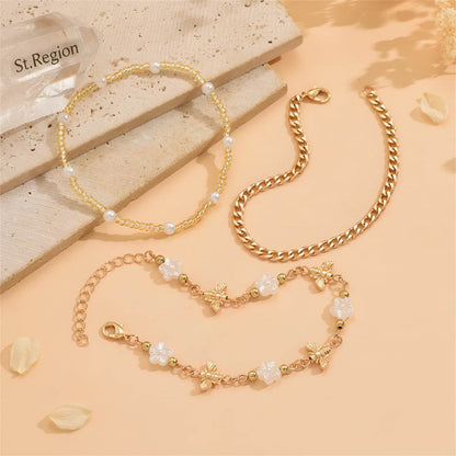 White Resin & Pearl Acrylic Goldtone Bee Flower Station Anklet Set