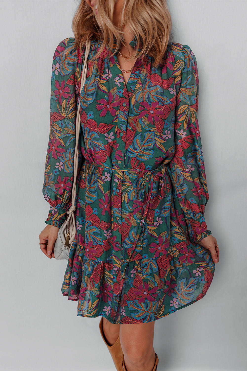 Threaded Pear Maria Floral V Neck Puff Sleeve Dress