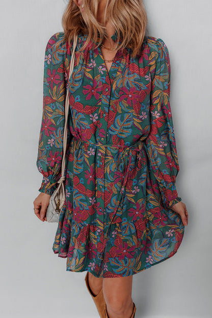 Threaded Pear Maria Floral V Neck Puff Sleeve Dress
