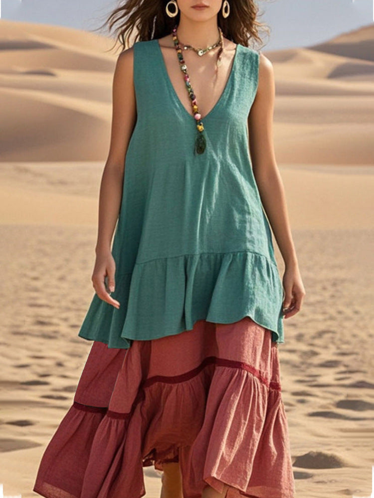 Women's Sleeveless Color-Block Patchwork Maxi Dress – V-Neck