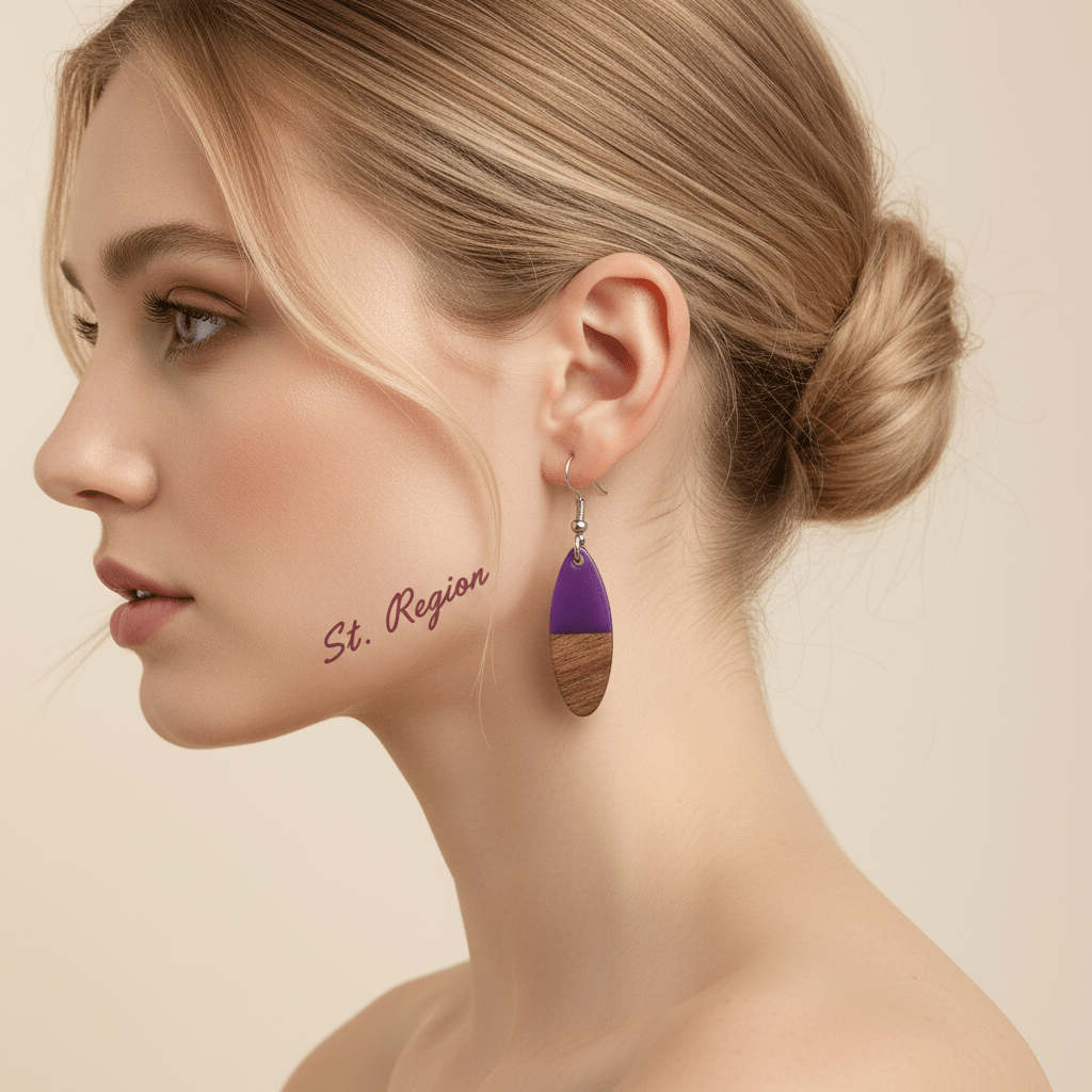 Purple Resin & Wood Silvertone Patchwork Oval Hook Earrings