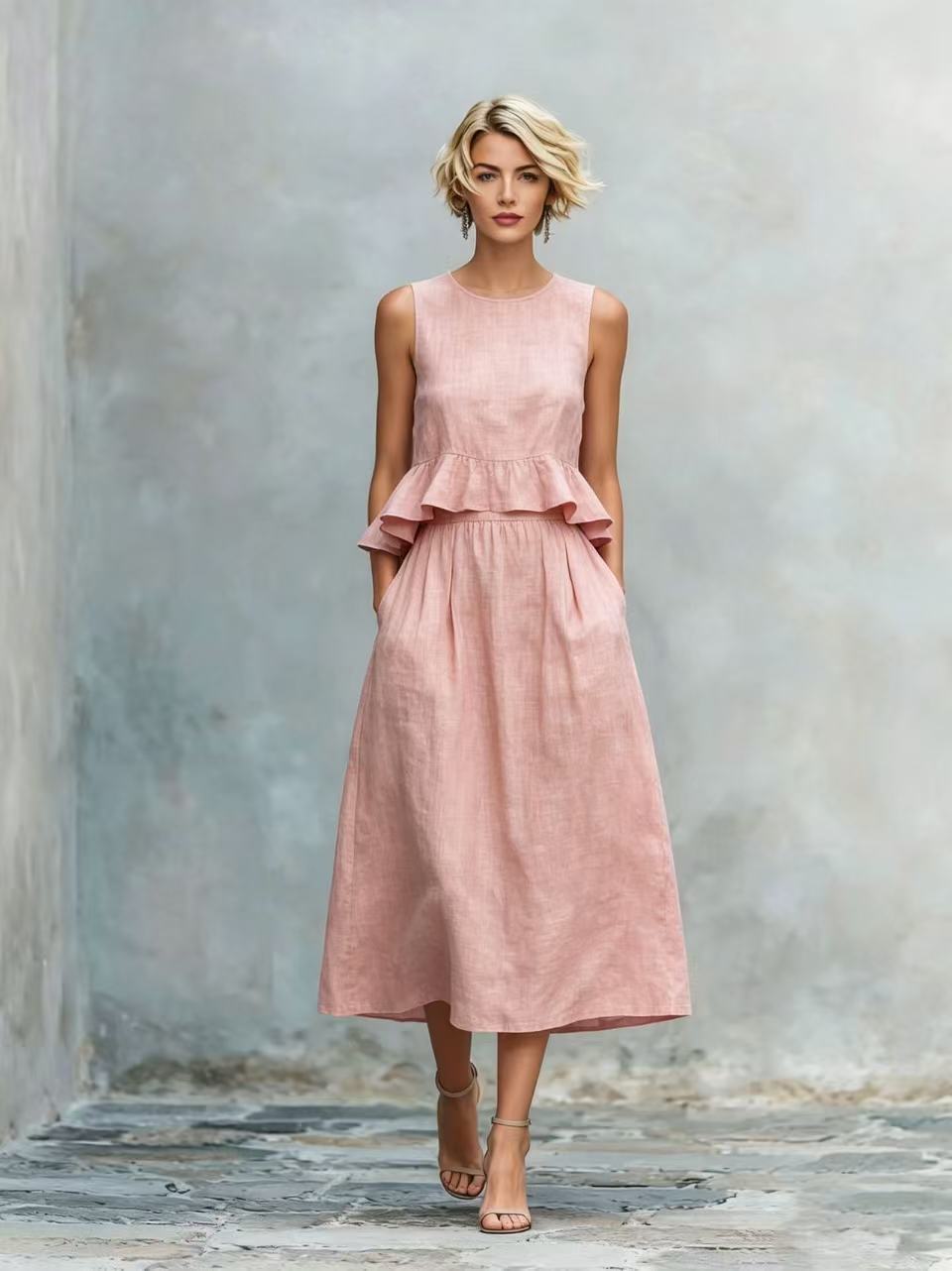 Women's Sleeveless High-Waist Ruffle Trim Maxi Dress