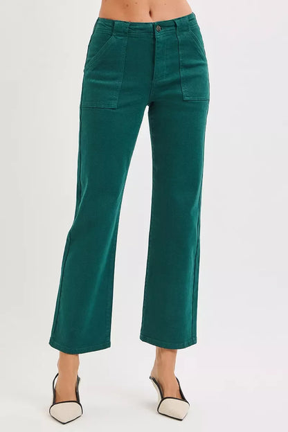 RISEN High Rise Ankle Flare Patch Pocket Jeans