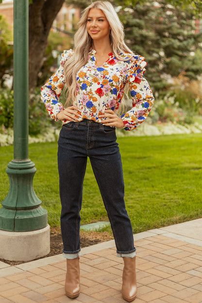 Threaded Pear Apricot Ruffled Shoulder Long Sleeve Floral Blouse