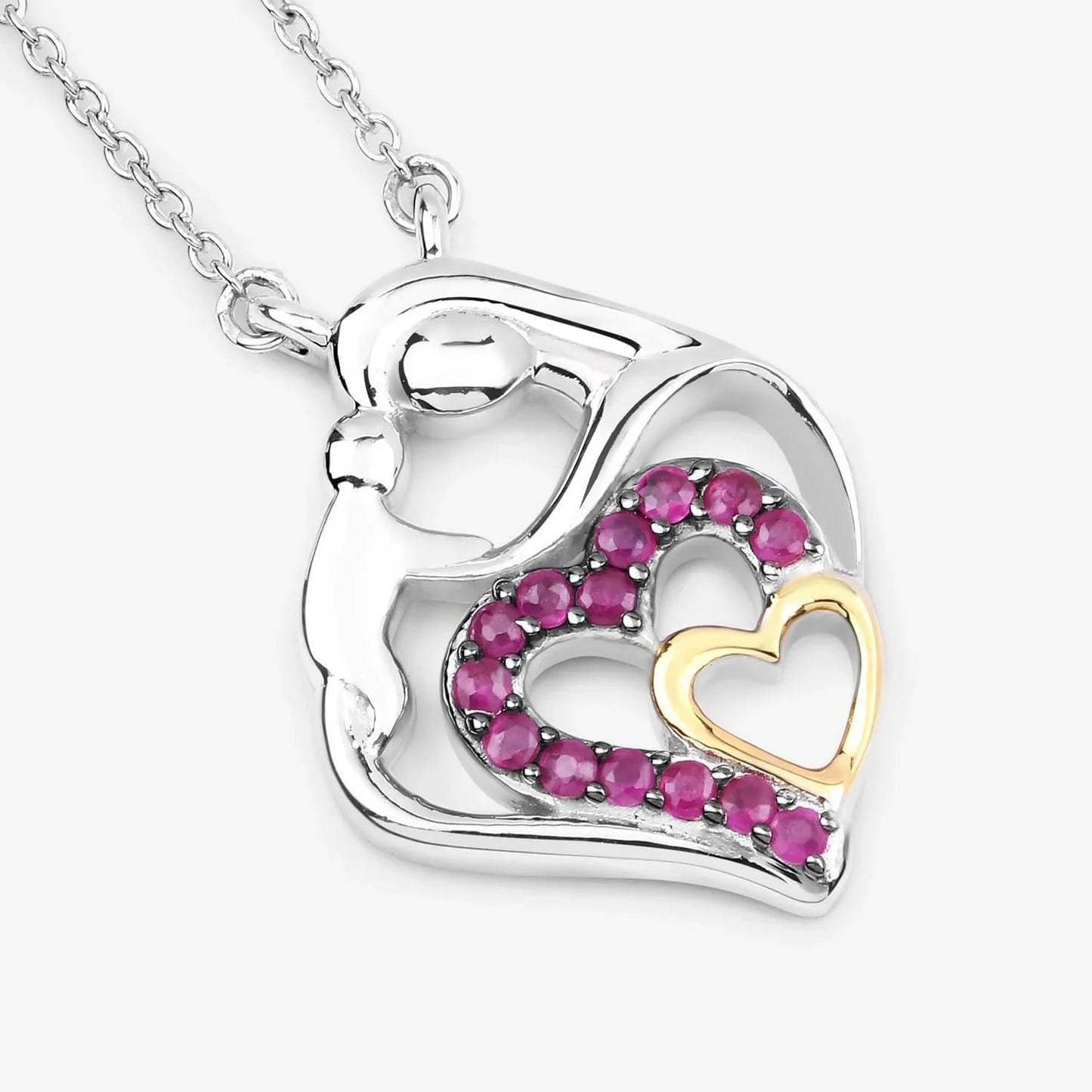 Round Pink Ruby Prong Silver Double Heart Pendant Necklace