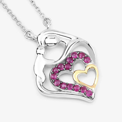 Round Pink Ruby Prong Silver Double Heart Pendant Necklace