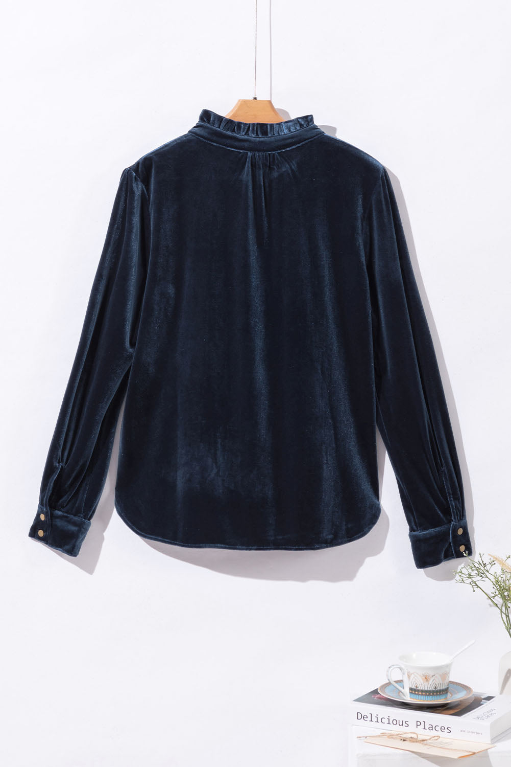 Threaded Pear Gwynn Frilled Neck Buttoned Front Velvet Top