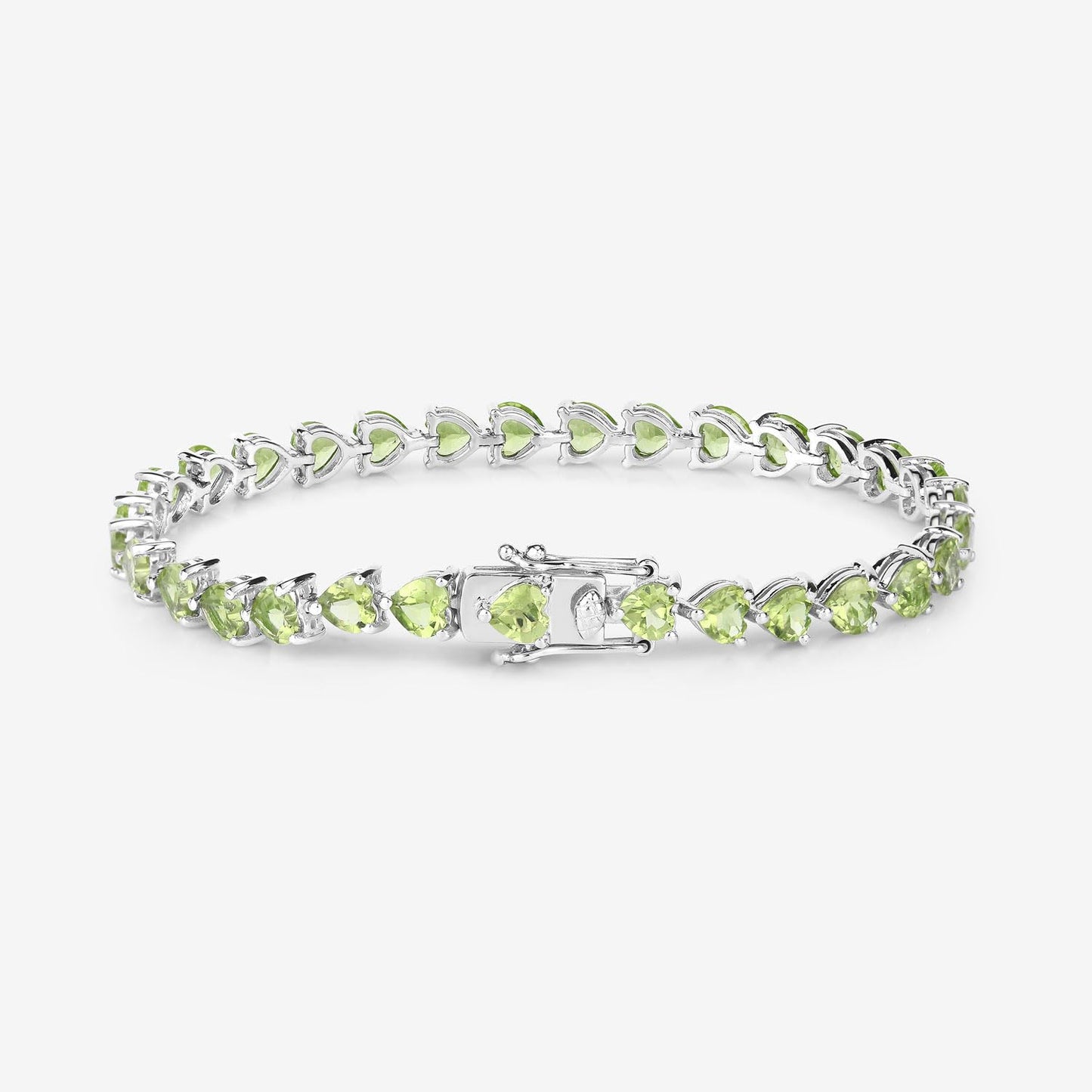 13.64 Ct Heart Green Peridot Prong Sterling Silver Box Clasp Tennis Bracelet