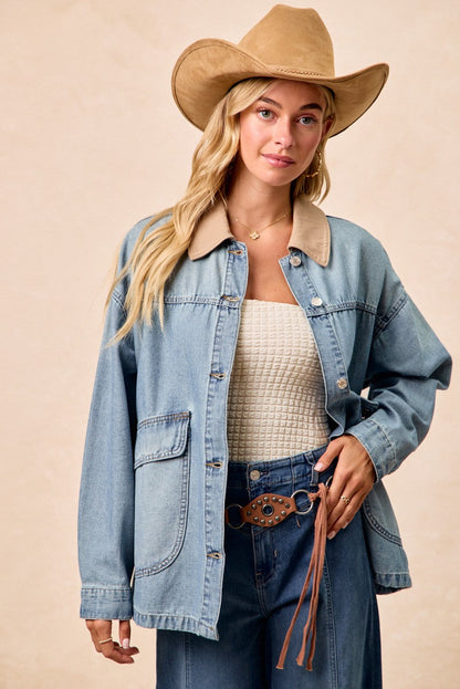 BiBi Washed Denim Contrast Collar Jacket