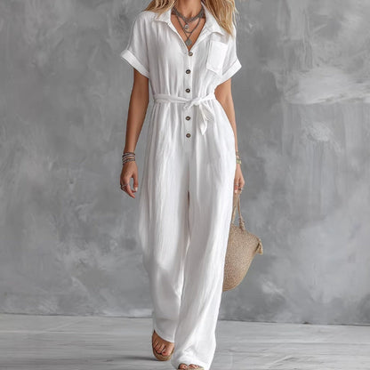 Women's Loose V-Neck Lace-Up Pocket Jumpsuit