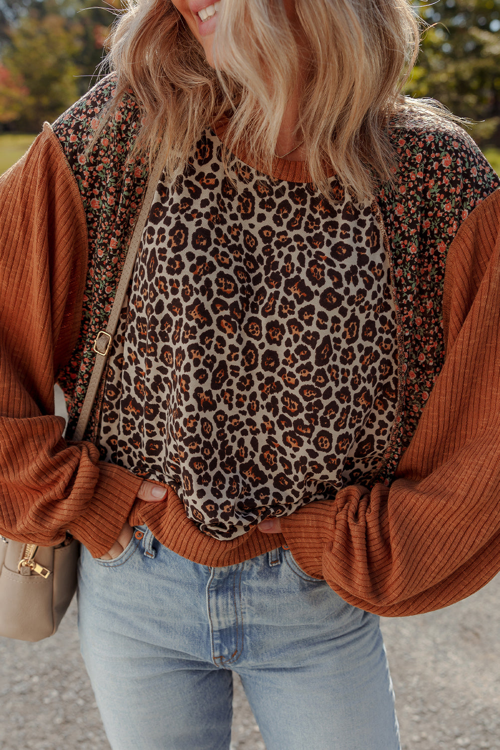 Threaded Pear Natalie Leopard & Floral Patchwork Loose Top