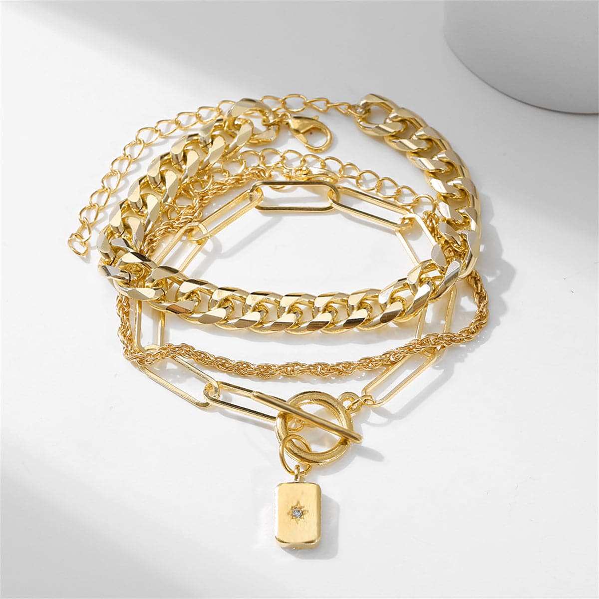 Cubic Zirconia & Goldtone Cable Chain Toggle Bracelet Set