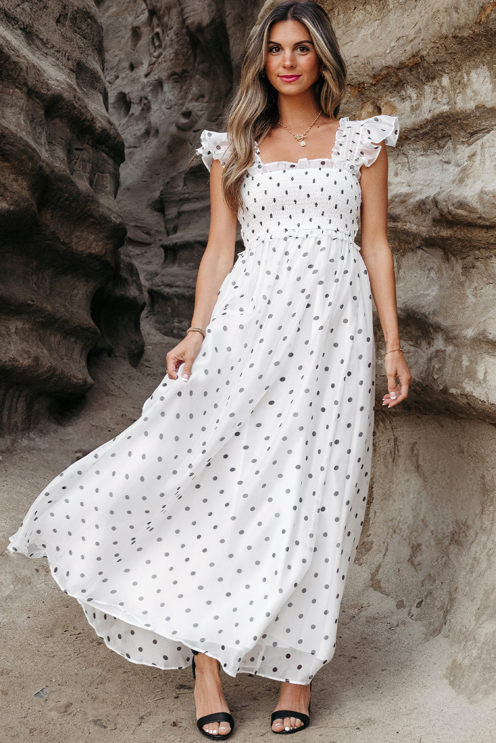 Threaded Pear Sarai Polka Dot Smocked Maxi Dress