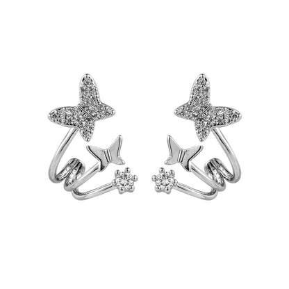 Cubic Zirconia & Silvertone Butterfly Stud Earrings