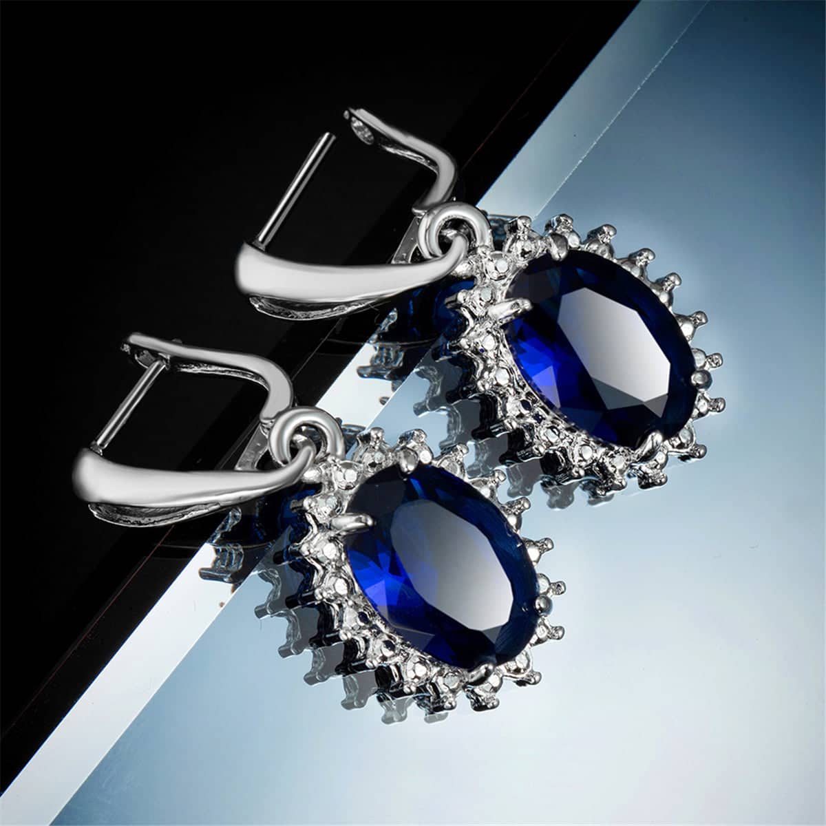 Navy Crystal & Silvertone Oval Drop Earrings