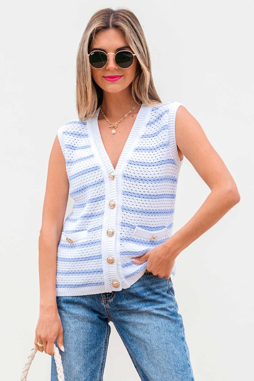 Veda V Neck Gold Buttons Elegant Sweater Vest - Sky Blue Stripe / S - 4/6
