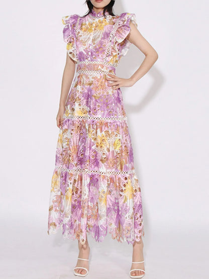 Ruffled Hollow Out Tiered Midi Dress