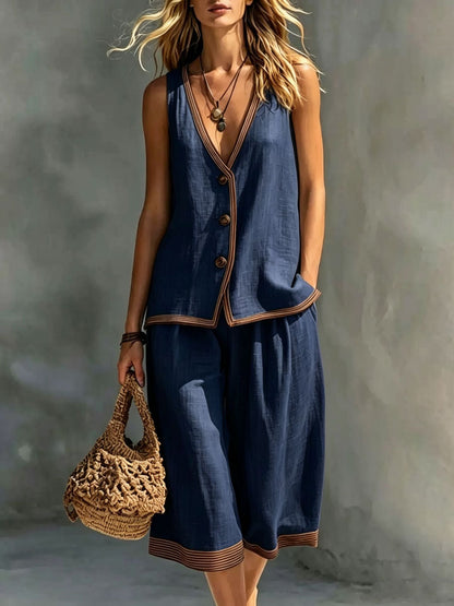 Women's Sleeveless Buttoned Vest & Shorts Two-Piece Set