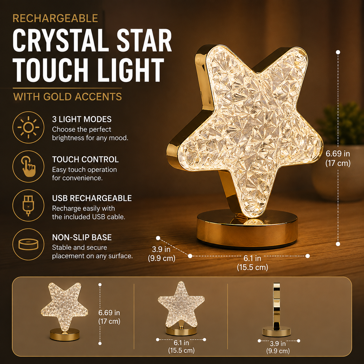 Rechargeable LED Acrylic Crystal Star Touch Light 3000K–7000K – Dimmable Adjustable Color Temp Bedside Lamp -
