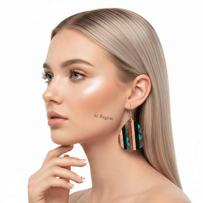 Multi-Colored Resin & Wood Silvertone Striped Pear Hook Earrings