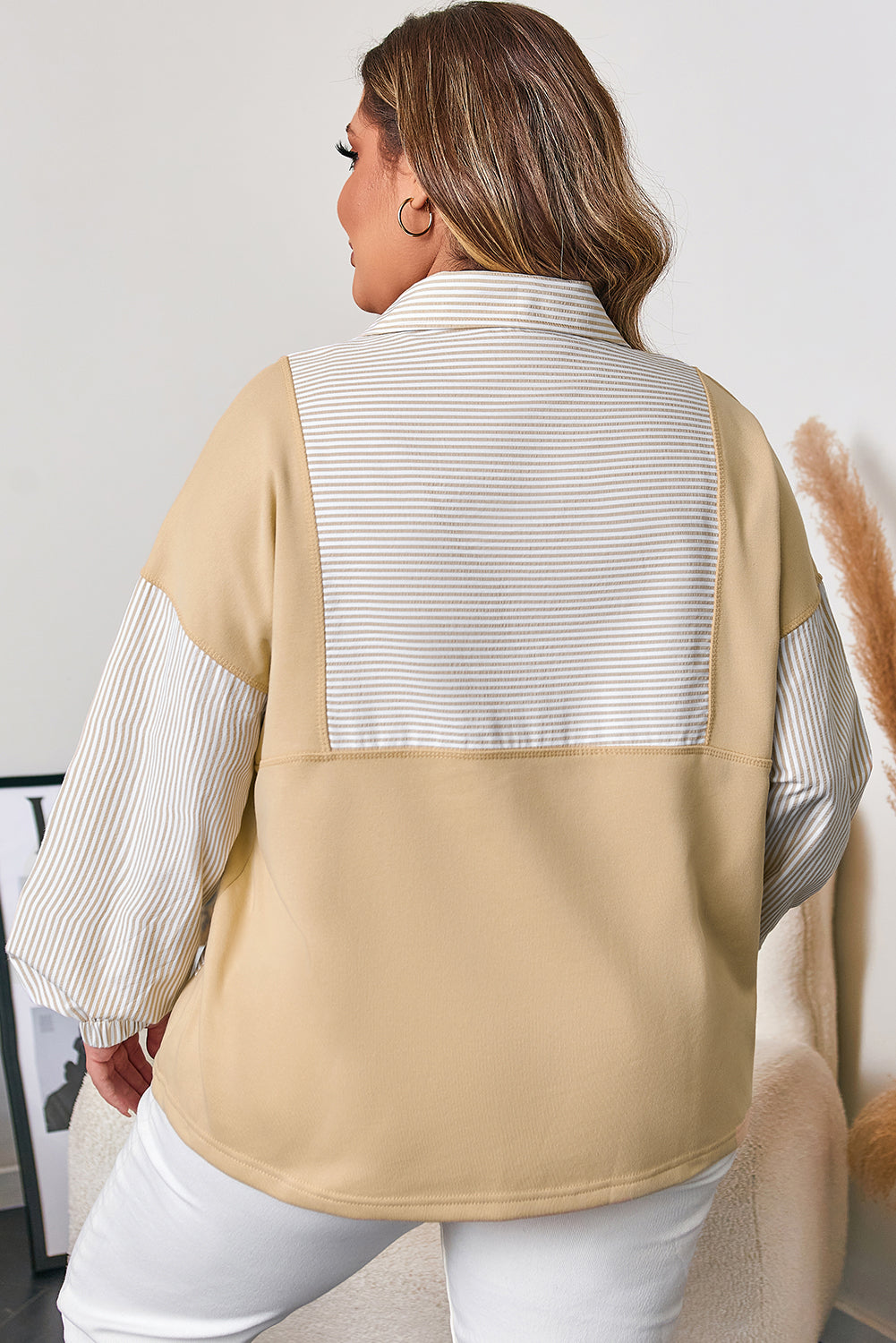 Threaded Pear Khaki Stripe Mix Half Zip French Terry Plus Size Sweatshirt