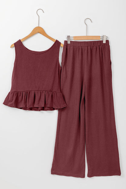 Threaded Pear Teresa Ribbed Ruffle Tank Top and Pants Set