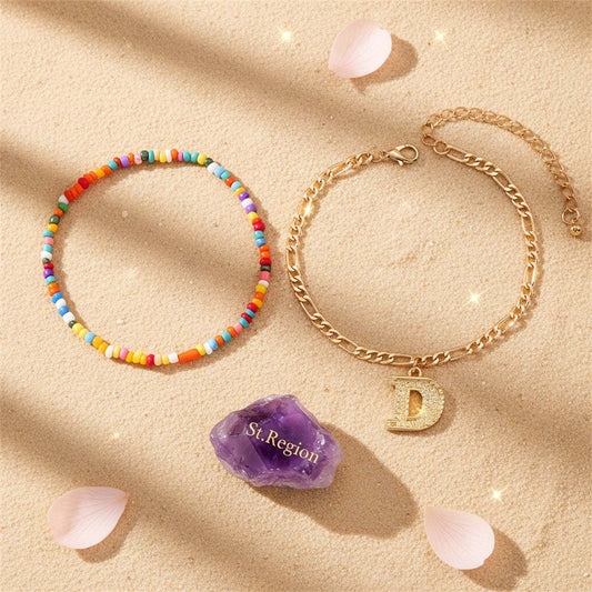Multi-Colored Howlite & Goldtone Beads Chain Letter 'D' Charm Anklet Set