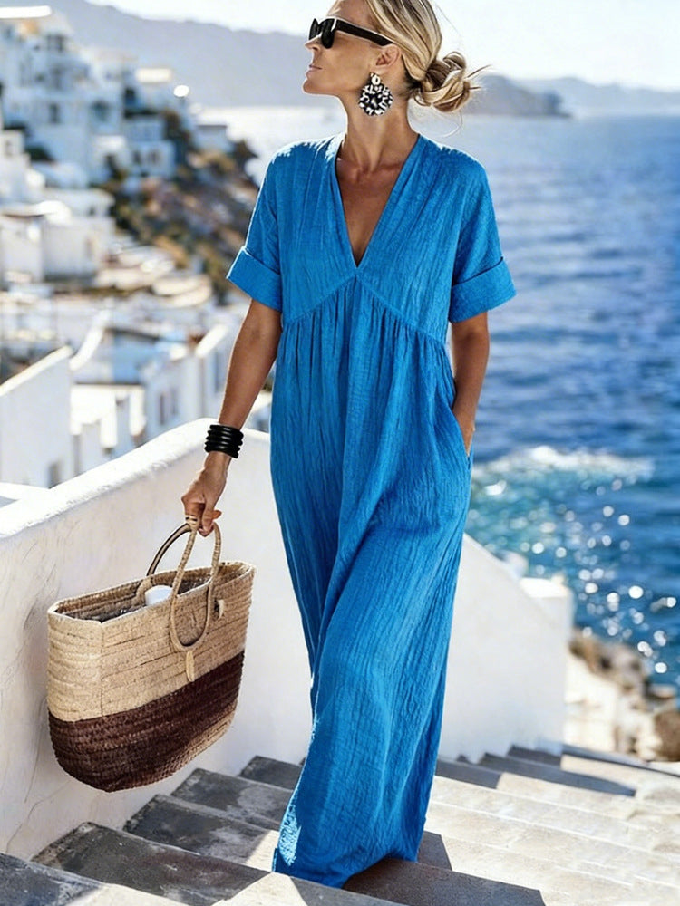 high waist short sleeve maxi dress Black Short Sleeve Shirred High Waist V Neck Maxi Dress
