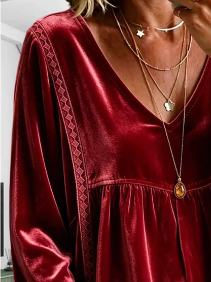 Full Size Velvet Lace Detail V-Neck Blouse Plus Size