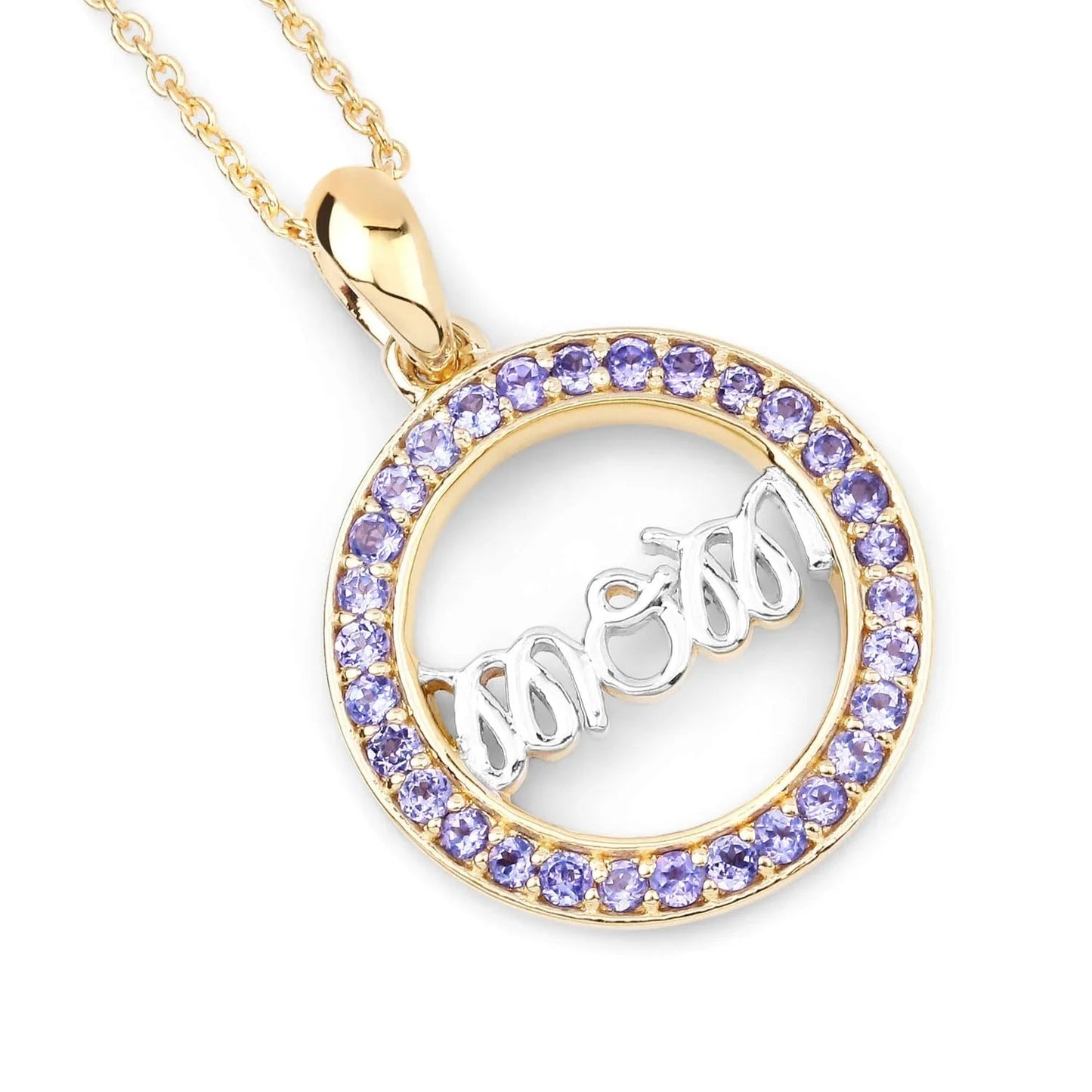 Round Violet Tanzanite Prong Gold Plated Silver Mom Circle Pendant Necklace