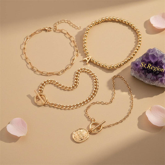 Goldtone Beads Chain 'GOOD LUCK' Charm Toggle Anklet Set