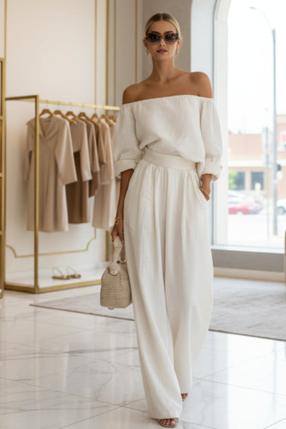 Women's Off-Shoulder Puff Sleeve Blouson Top & High-Rise Wide-Leg Pants Cotton-Linen Set