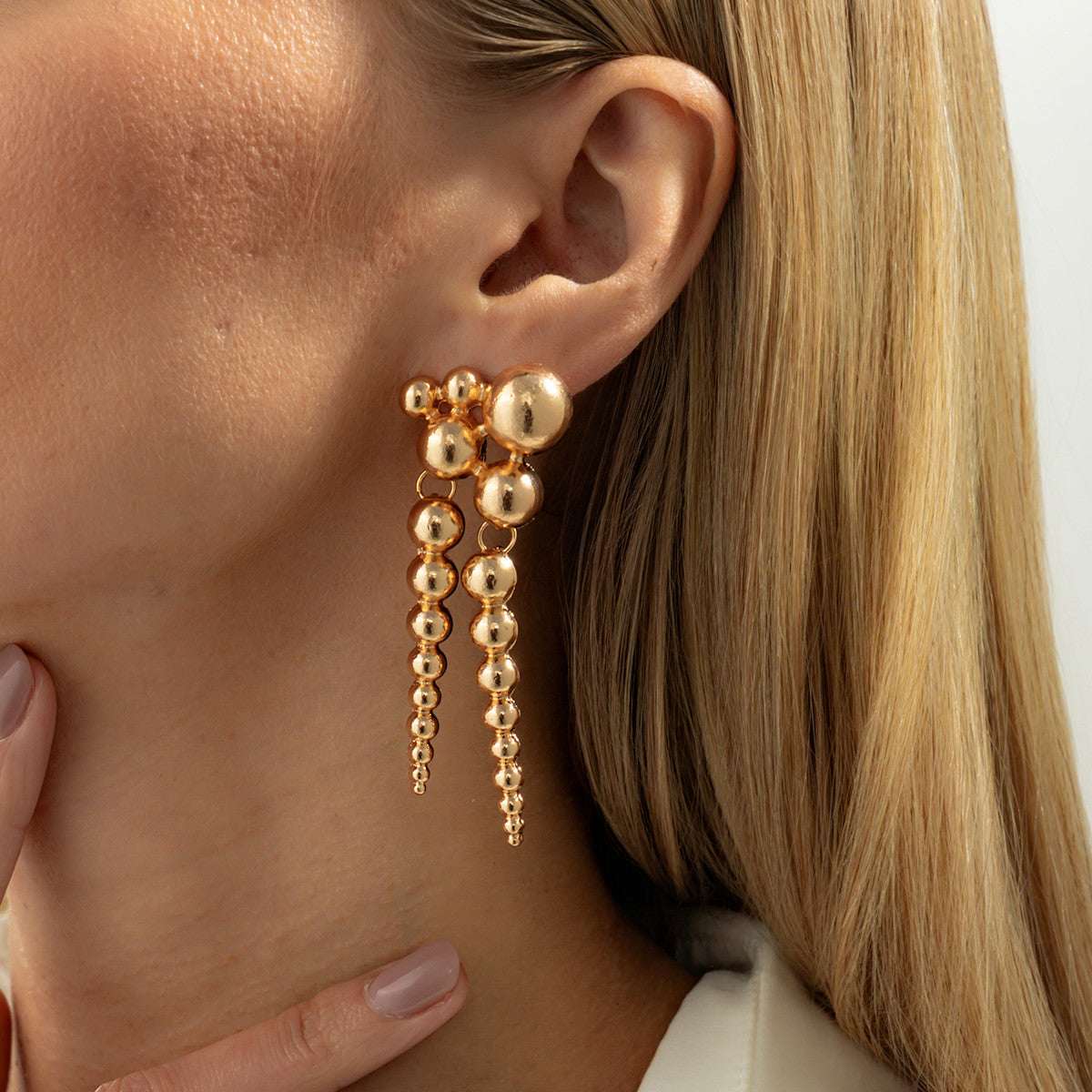 Goldtone Dual-Beaded-Chain Tassel Dangle Earrings