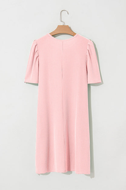 Bright Pink Corded Crew Neck Puff Sleeve Mini Dress