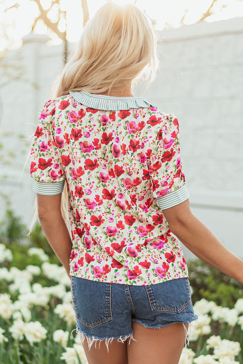 Threaded Pear Romy Floral Striped Patchwork Collared Short Sleeve Blouse