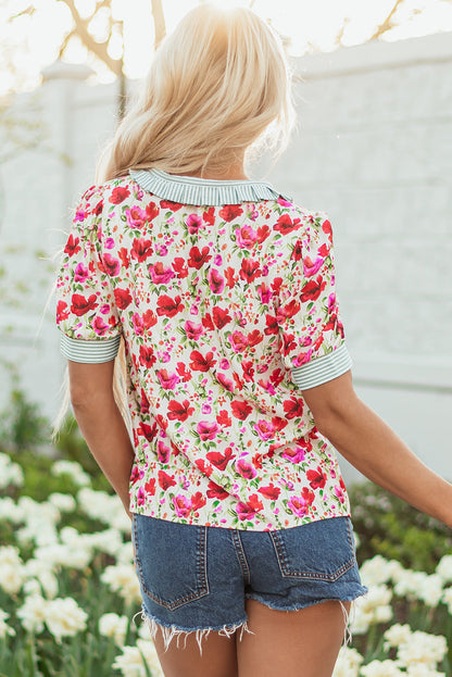 Threaded Pear Romy Floral Striped Patchwork Collared Short Sleeve Blouse