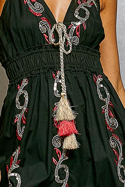 POL Embroidered Detail Tassel Tie Smocked Waist Midi Tiered Cami Dress
