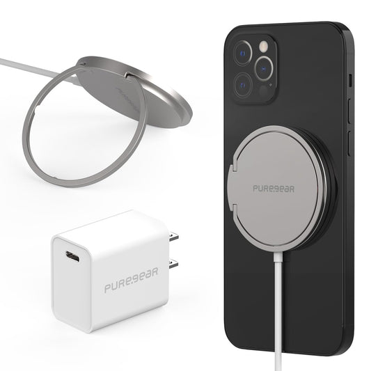 Puregear Kickstand 15w Qi-Certified Fast Magnetic Wireless Charging Pad for Iphone 15/15pro/15promax/14/13/12 Series Work with Magsafe Case, Airpods/Iphone 11, Galaxy S24 S20 & More Include Ac Adapter