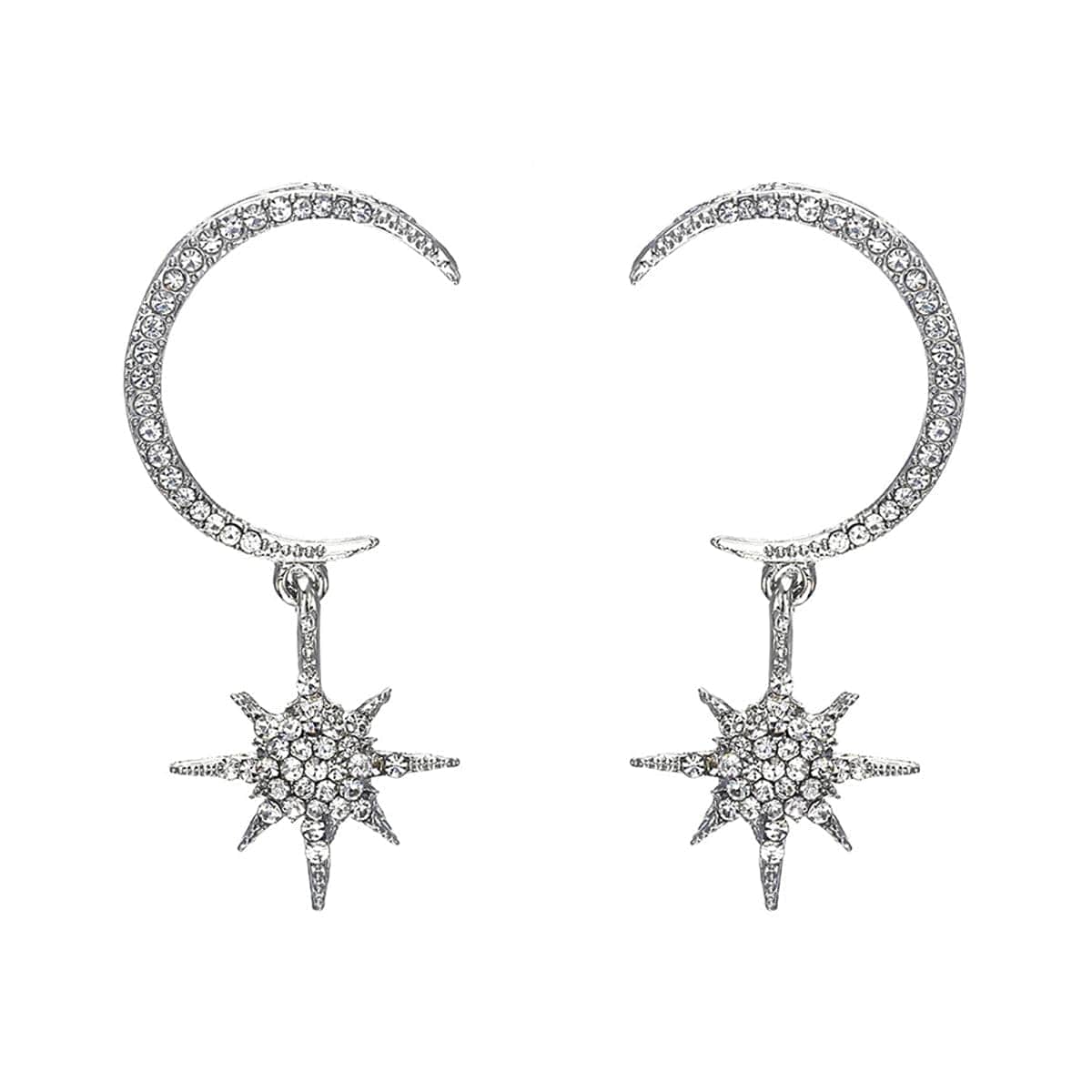Cubic Zirconia & Silvertone Linking Moon & Star Drop Earrings