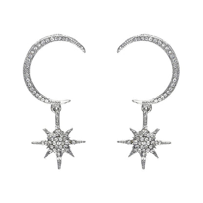Cubic Zirconia & Silvertone Linking Moon & Star Drop Earrings
