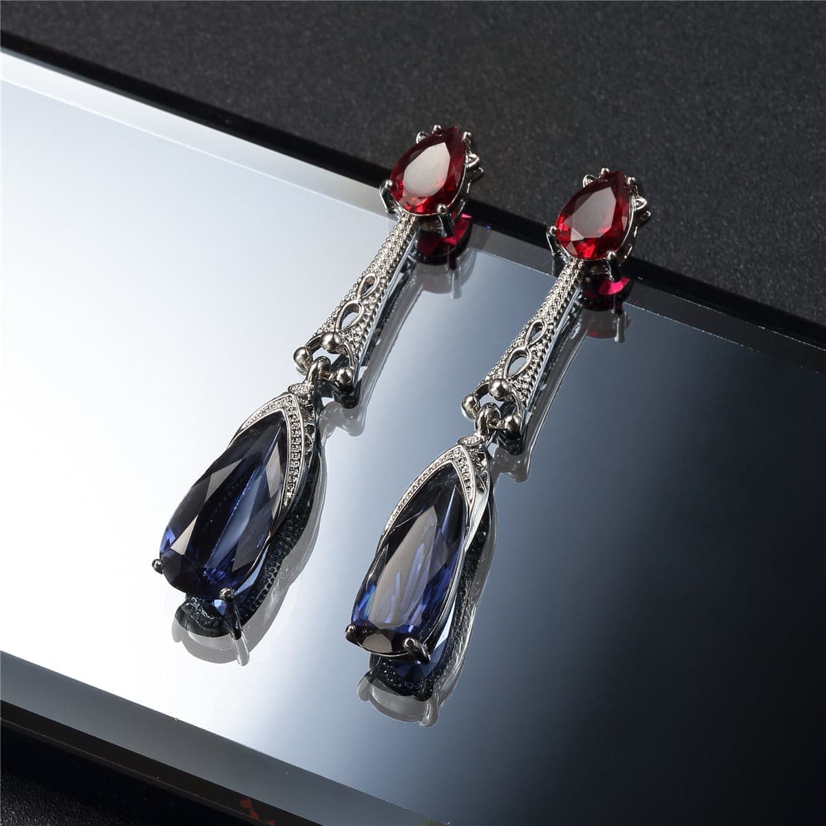 Red & Dark Blue Crystal Drop Earrings