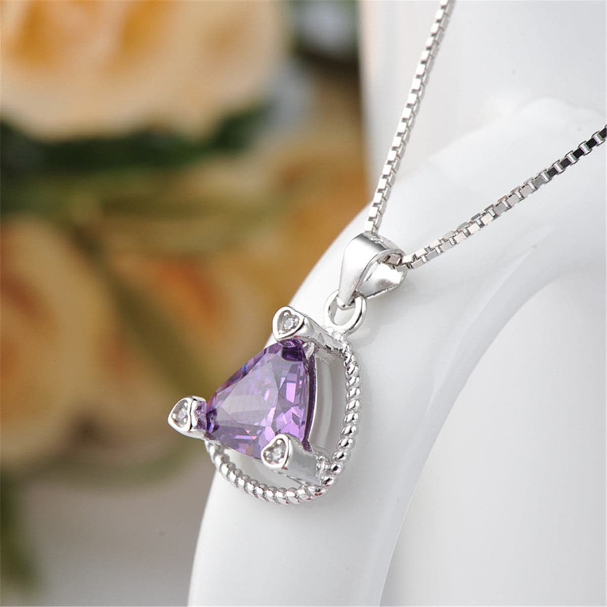 Purple Crystal & Silvertone Triangle Frame Pendant Necklace