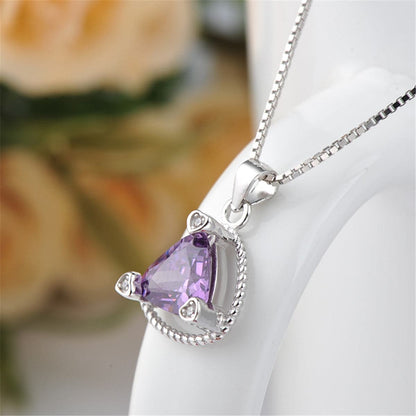 Purple Crystal & Silvertone Triangle Frame Pendant Necklace