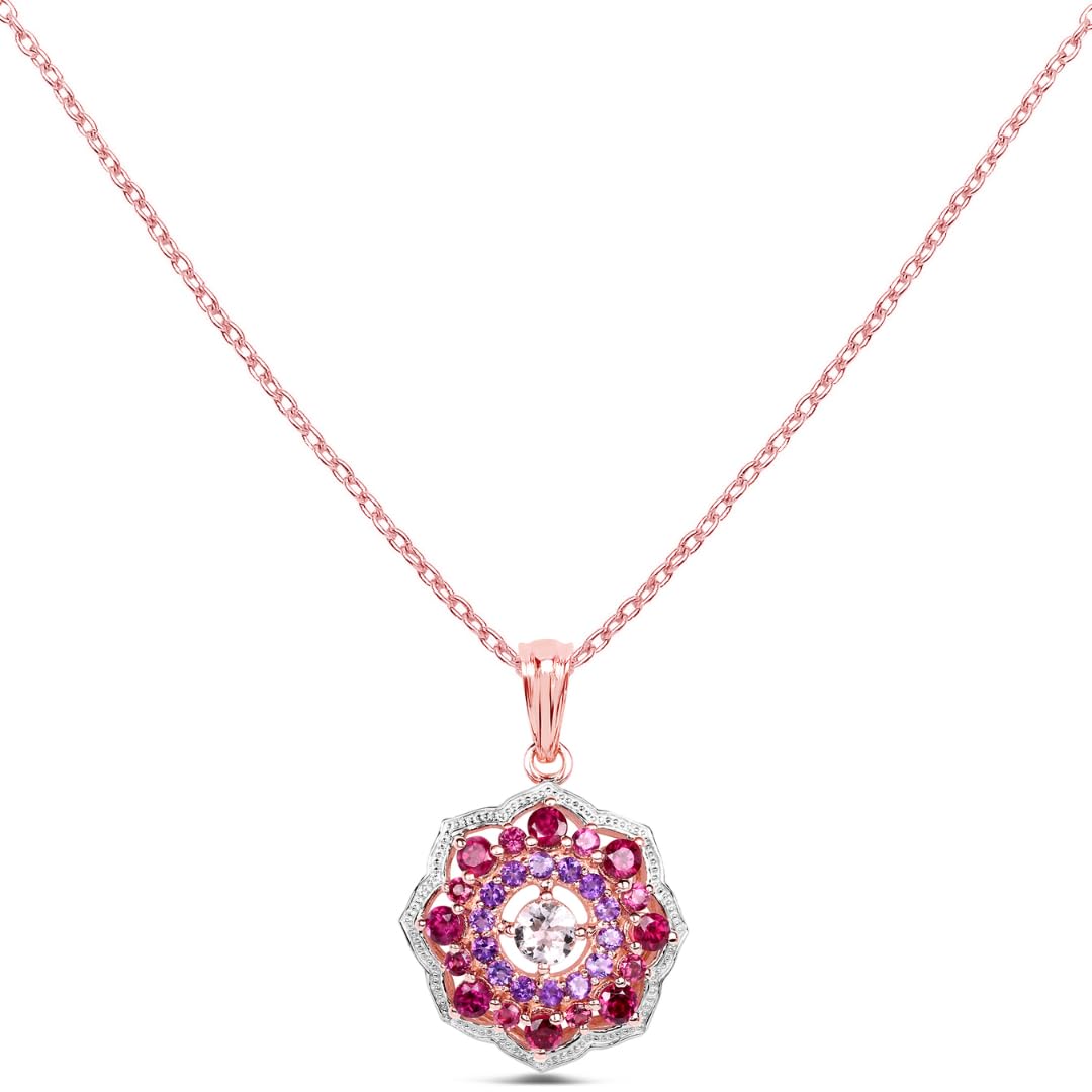 Rhodolite Garnet & Amethyst Prong Rose Gold Plated Silver Cluster Pendant Necklace