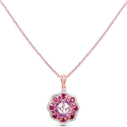 Rhodolite Garnet & Amethyst Prong Rose Gold Plated Silver Cluster Pendant Necklace