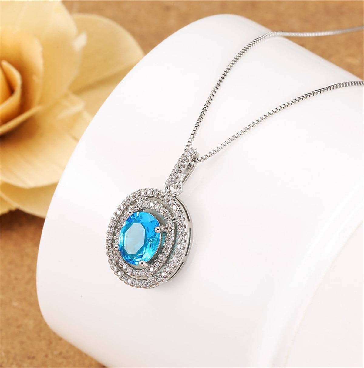 Blue Crystal & Cubic Zirconia Oval Double Halo Pendant Necklace