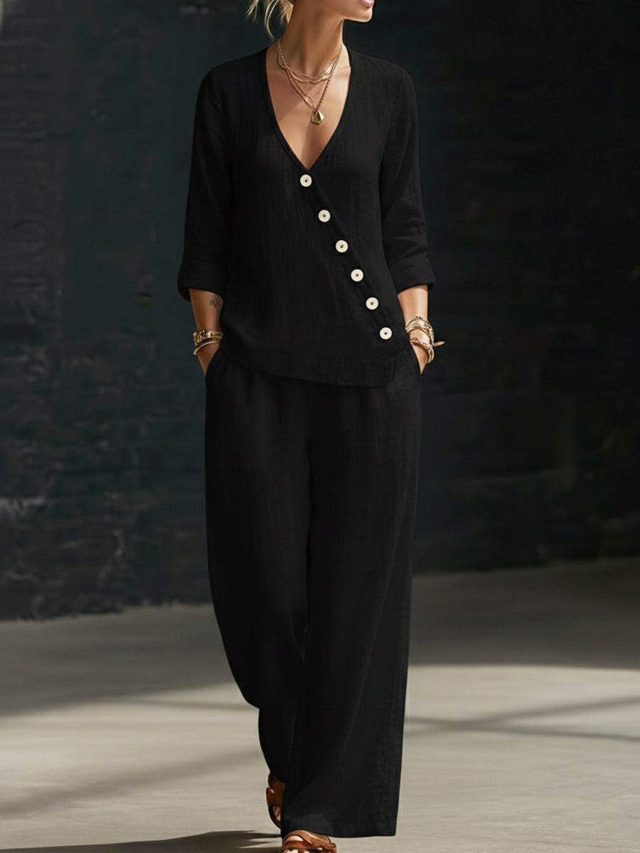 Women's V-Neck Diagonal Button Placket Cotton-Linen Shirt & Wide-Leg Pants Set