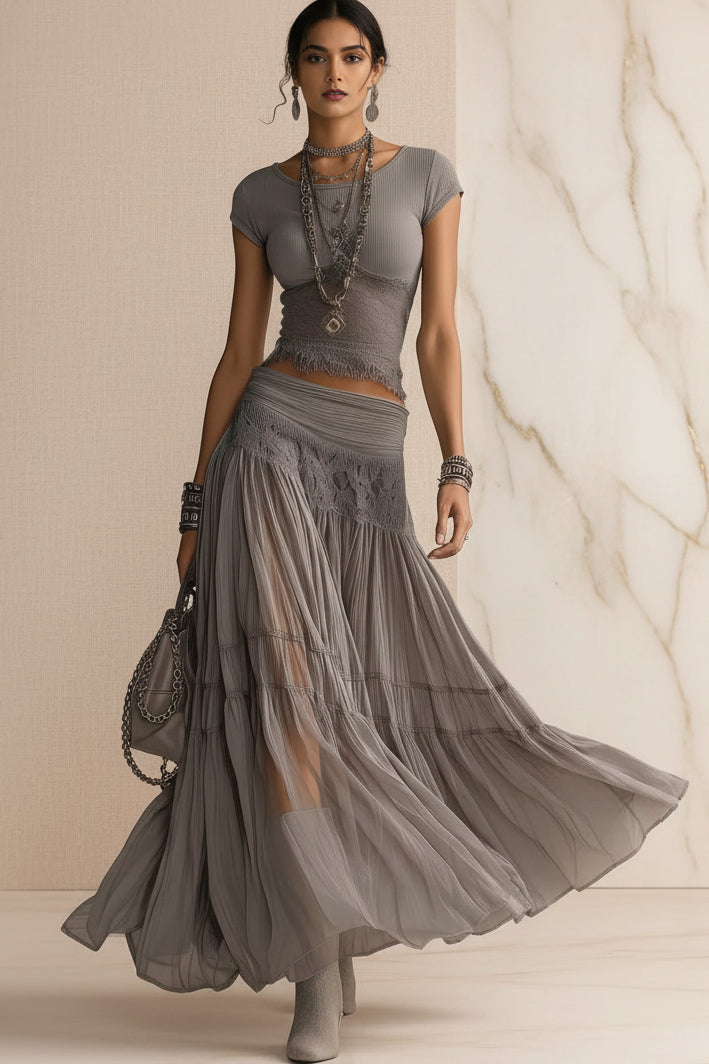 Women's Ribbed Knit Fringe-Hem Crop Top & Tiered Crinkle Chiffon Maxi Skirt Boho-Luxe Set