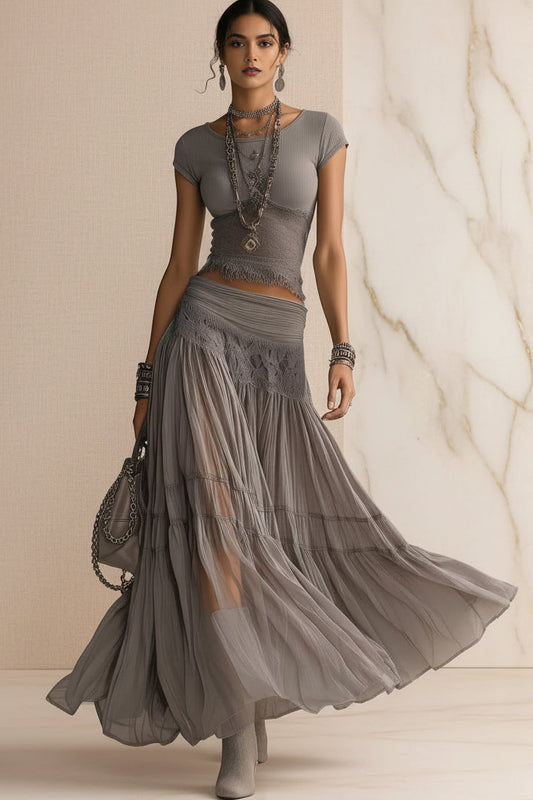 Women's Ribbed Knit Fringe-Hem Crop Top & Tiered Crinkle Chiffon Maxi Skirt Boho-Luxe Set