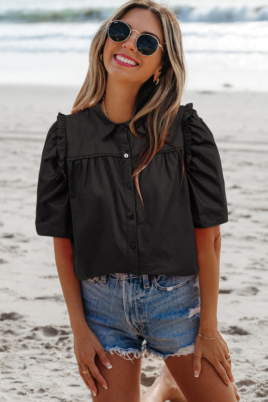 Threaded Pear Analeia Frilly Puff Sleeve Stylish Collared Shirt